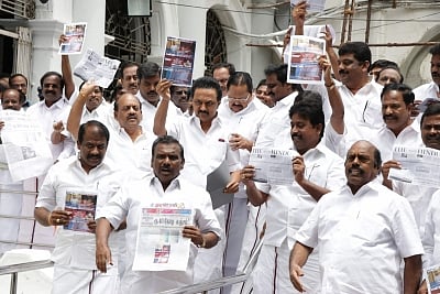 Chennai: DMK members led by MK Stalin walk out of the Tamil Nadu assembly to protest against the Speaker