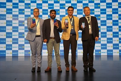 New Delhi: Transsion India Chief Operating Officer Marco Ma, CEO Arijeet Talapatra, Flipkart Senior Director (Mobiles) Aditya Soni and Transsion India Senior Vice President (Marketing) Gaurav Tikoo at the launch of Tecno Phantom 9 smartphones, in New Delhi on July 10, 2019. (Photo: IANS)
