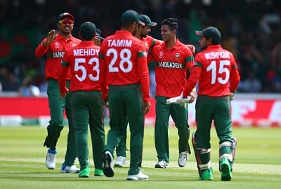 London: Bangladesh players celebrate fall of a wicket during the 27th match of 2019 World Cup between Bangladesh and Pakistan at Lord