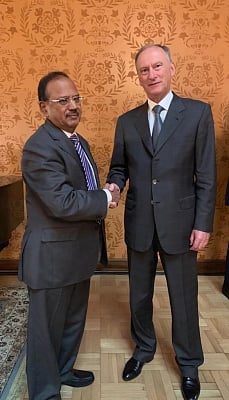 New Delhi: National Security Advisor Ajit Doval meets his Russian counterpart Nikolai Patrushev in Moscow. (Photo: IANS)