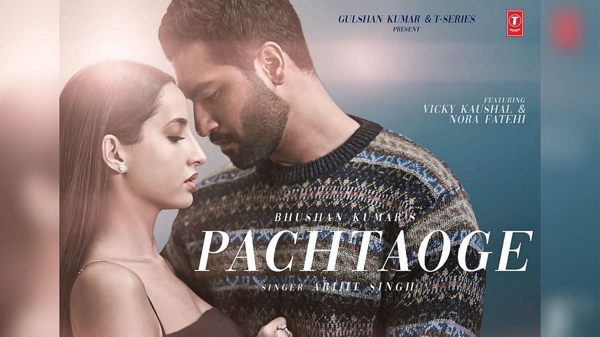 A poster for Vicky Kaushal and Nora Fatehi’s music video for ‘Pachtaoge’ by Arijit Singh.