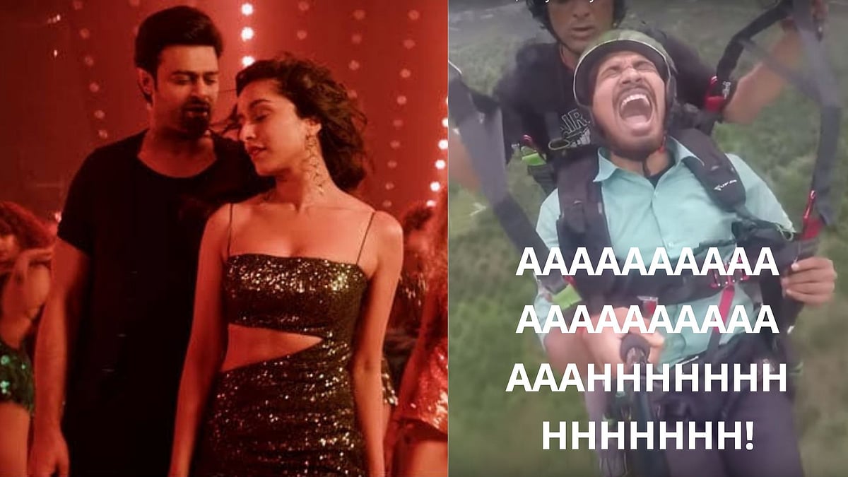 Prabhas and Shraddha Kapoor in <i>Saaho </i>(L); screen grab from viral video of paraglider Vipin Sahu.