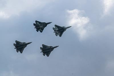 MOSCOW, Aug. 27, 2019 (Xinhua) -- Photo taken on Aug. 27, 2019 shows Su-57 fighter jets on the international aviation and space salon MAKS 2019 in Zhukovsky, Russia. The air show kicked off on Tuesday. (Xinhua/Bai Xueqi/IANS)