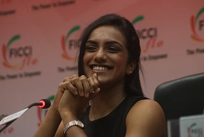 New Delhi: Indian badminton player PV Sindhu addresses during a felecitation programme organised by FICCI in New Delhi on May 5, 20128. (Photo: Bidesh Manna/IANS)