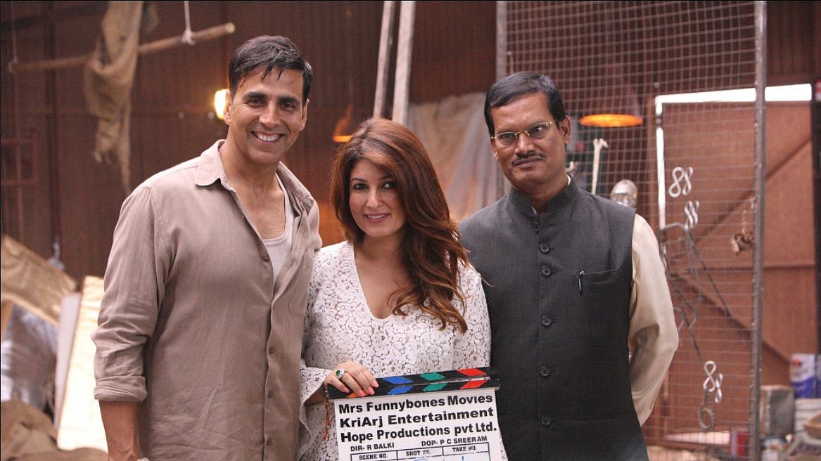 Akshay, Twinkle and Arunachalam Muruganantham on the sets of <i>Padman.</i>