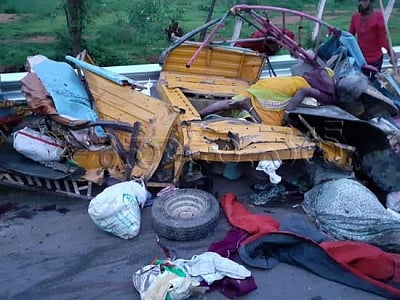 Mahabubnagar: The mangled remains of an overcrowded autorickshaw after it collided with a truck near Kothapalle village in Midjil
