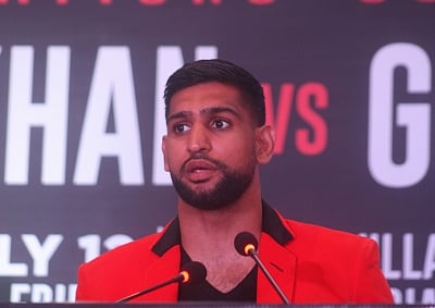 New Delhi: British boxer Amir Khan addresses a press conference ahead of a face off against Indian boxer Neeraj Goyat at the World Boxing Championship that will take place on July 12, 2019 at the King Abdullah Sports City in Jeddah, Saudi Arabia; in New Delhi on May 31, 2019. (Photo: IANS))