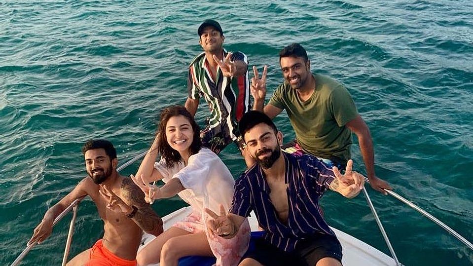 KL Rahul, Anushka Sharma, Mayank Agarwal, Virat Kohli and Ravichandran Ashwin in the Caribbean Islands.