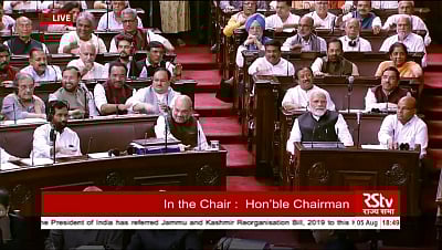 New Delhi: NDA MPs celebrate on after Rajya Sabha passed the Jammu and Kashmir Reorganisation Bill 2019 and adopted the resolution to abrogate the Constitution