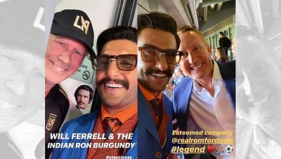 Actor Ranveer Singh posed with Hollywood actor Will Ferrell and English footballer Ray Parlour. (Photo: IANS)
