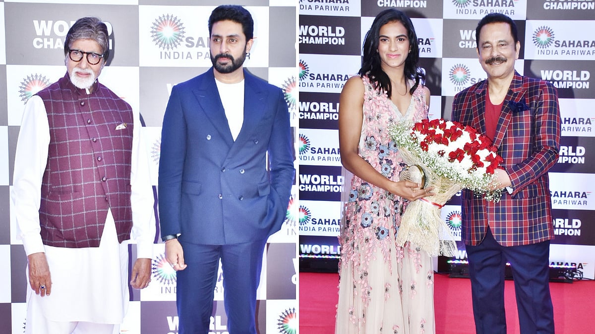 Amitabh Bachchan and Abhishek Bachchan (L), PV Sindhu and Subrata Roy (R).