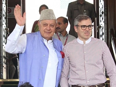 New Delhi: National Conference (NC) leaders Farooq Abdullah and Omar Abdullah at Parliament, in New Delhi on June 25, 2019. (Photo: Amlan Paliwal/IANS)