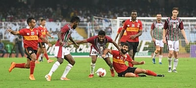Kolkata: Players in action during Calcutta Football League Premier Division match between Mohun Bagan and East Bengal at Salt Lake Stadium in Kolkata on Sept 1, 2019. (Photo: IANS)