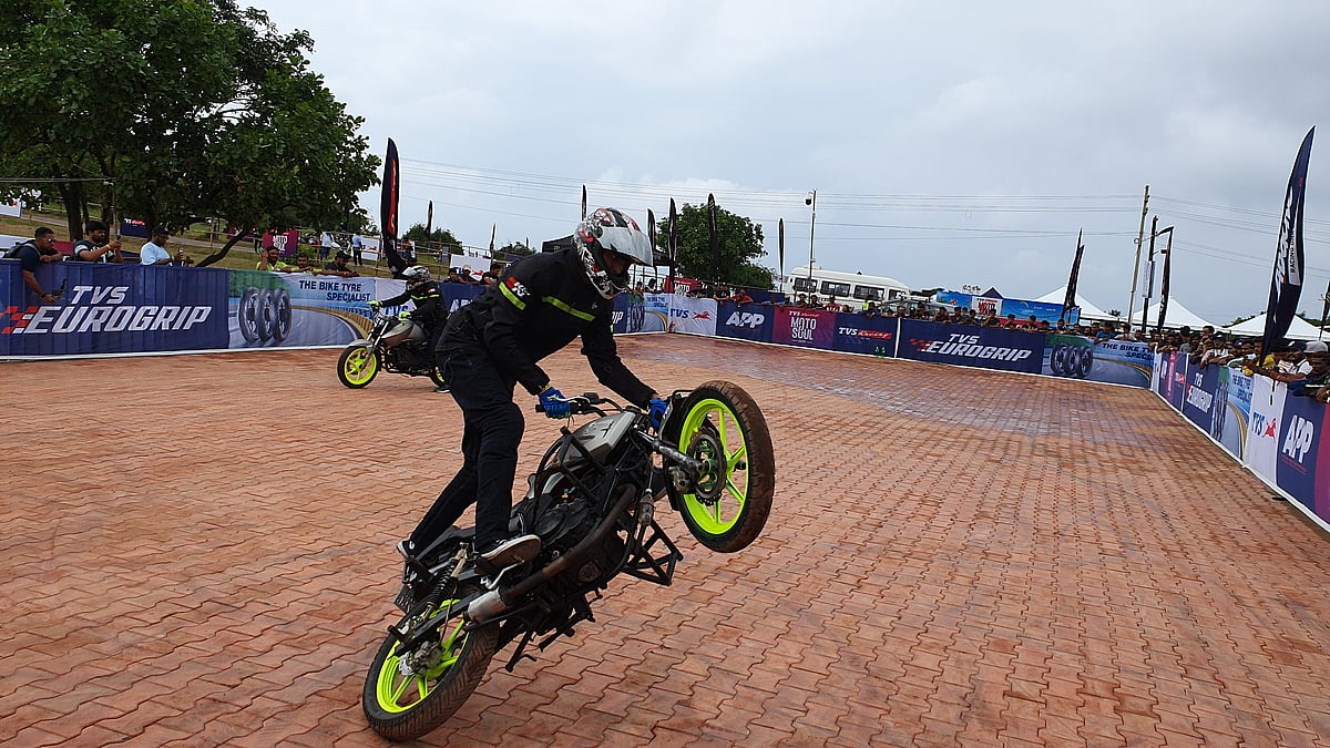Stunt bikers perform at TVS Moto Soul 2019 in Goa.