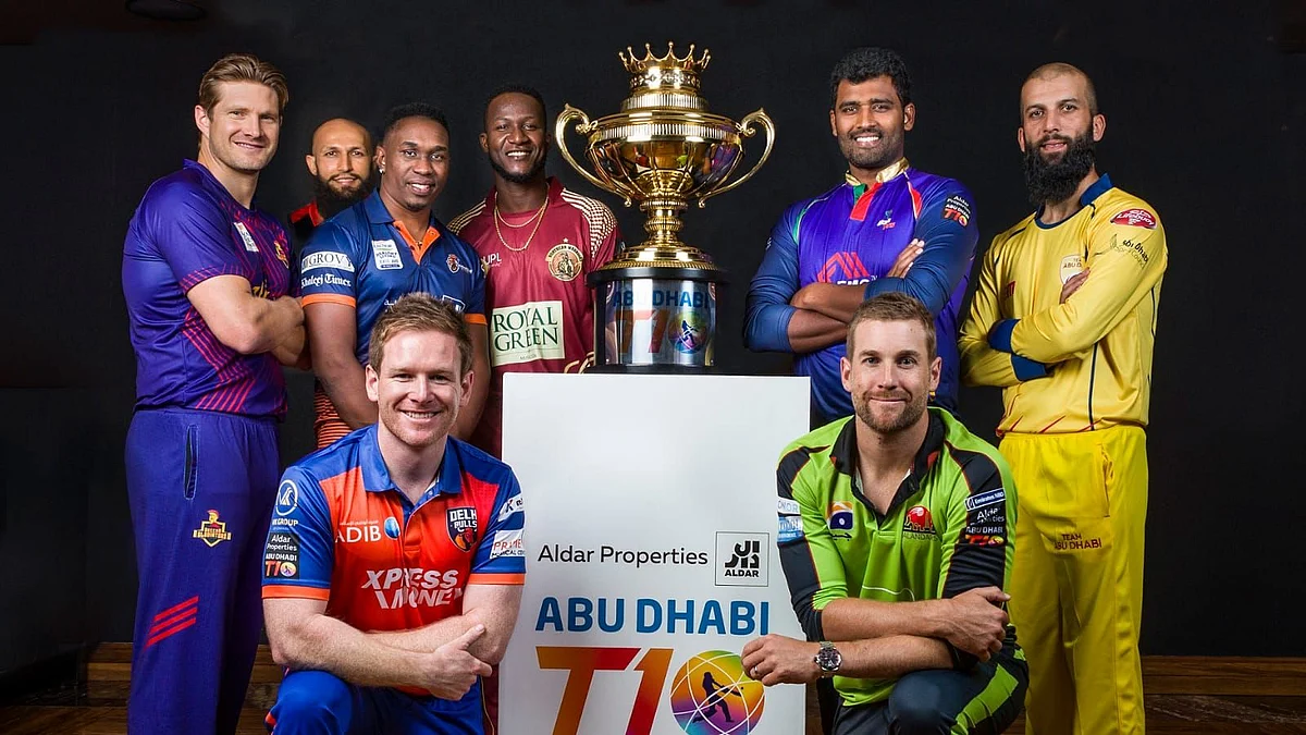 Team captains with the Abu Dhabi T10 League trophy in Abu Dhabi on Thursday.