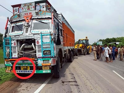 Rae Bareli: The truck that rammed into a car carrying Unnao rape survivor and her relatives in Rae Bareli on July 28, 2019. On Sunday, the rape victim, who had accused BJP MLA Kuldeep Sengar of raping her in 2017, was travelling to Rae Bareli with her lawyer Mahendra Singh and two relatives when a truck hit them. Both the rape victim and the lawyer have been on life support since the accident while the two other woman in the car, including one who was a witness to the crime, died. (Photo: IANS)