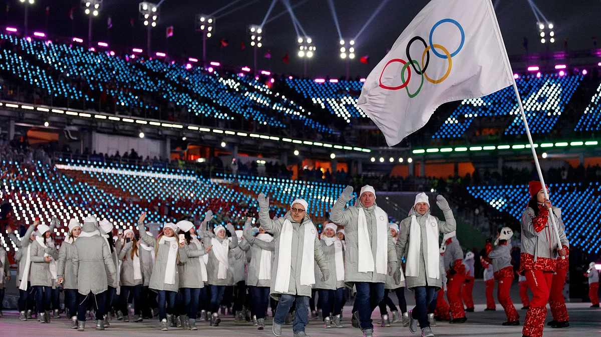 In this Friday, Feb. 9, 2018 file photo, athletes from Russia wave during the opening ceremony of the 2018 Winter Olympics in Pyeongchang, South Korea. Russians had to compete under the Olympic flag.