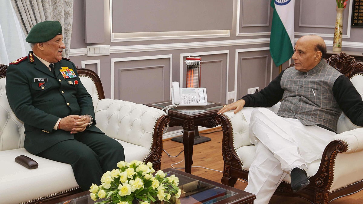 Defence Minister Rajnath Singh during a meeting with Chief of Defence Staff General Bipin Rawat.&nbsp;