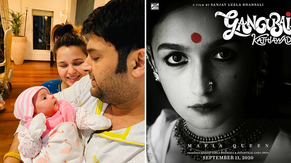Kapil Sharma with his daughter; Alia Bhatt in poster from <i>Gangubai Kathiawadi</i>.