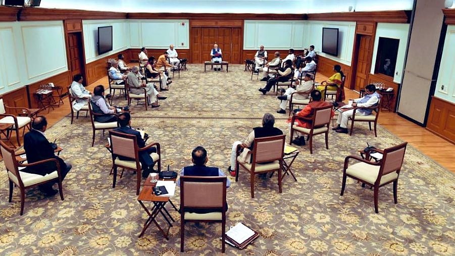 The Union Cabinet was seen practising social distancing as a precautionary measure while holding cabinet meetings. 