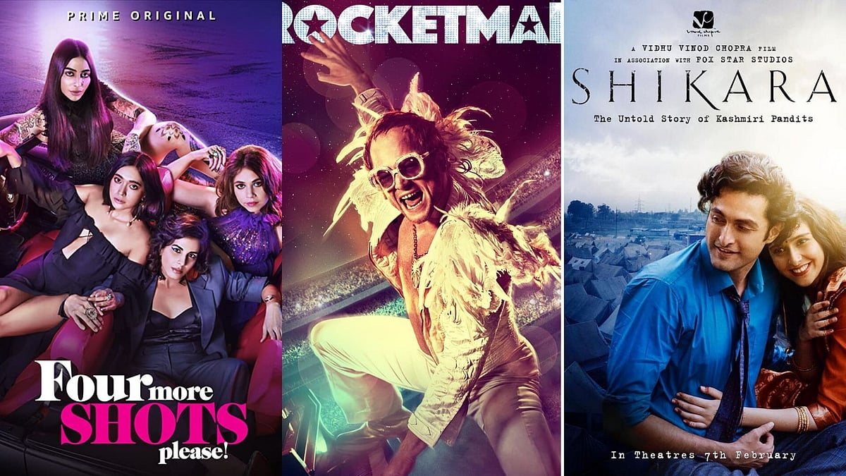 Posters of Four More Shots Please!, Rocketman, and Shikara