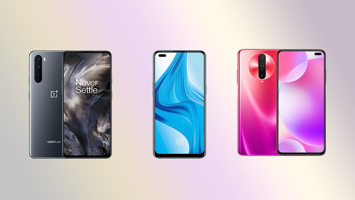 The OnePlus Nord (left), Oppo F17 Pro (center) and the Poco X2 (right).&nbsp;