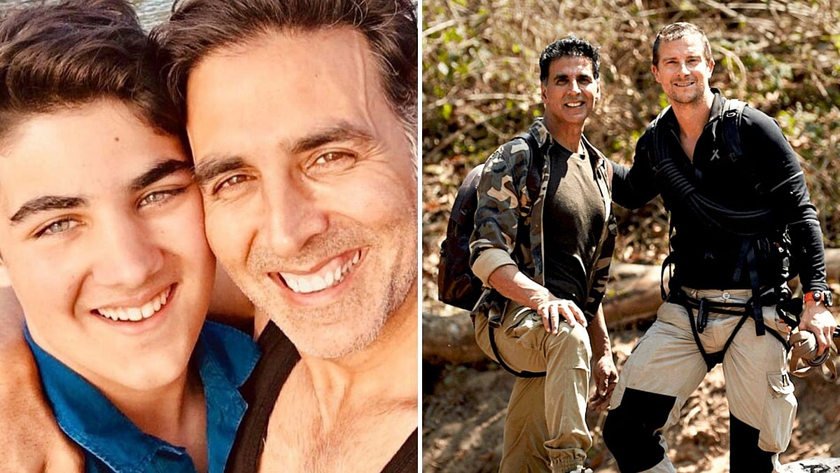 Akshay Kumar with his son Aarav (L) and Bear Grylls (R)