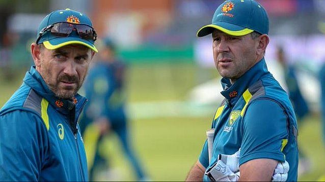 Ricky Ponting and Justin Langer at a training session with Australia. 