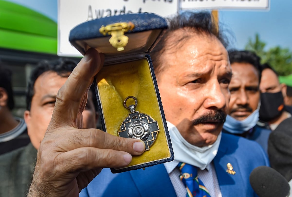 New Delhi: Padma Shri and Arjuna Award winner, former wrestler Kartar Singh, during the sportspersons march towards Rashtrapati Bhawan to return their awards to the President, in support of farmers agitation against Centre’s farm reform laws  
