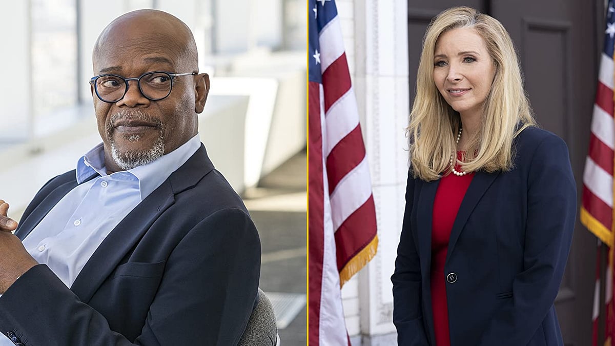Samuel L Jackson and Lisa Kudrow in stills from Netflix comedy <i>Death To 2020</i>.