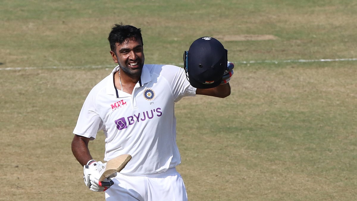 R Ashwin celebrates his Test century, scored on Day 3 of the Chennai Test vs India.