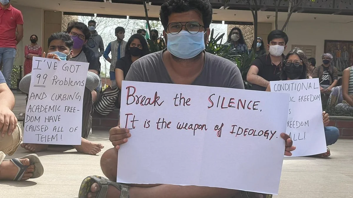 Students stage a demonstration in solidarity with PB Mehta, after he resigned as professor at the Ashoka University.