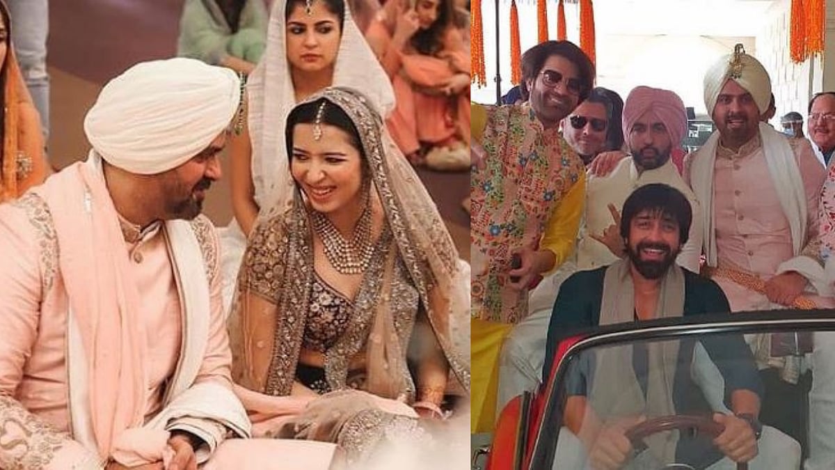 <div class="paragraphs"><p>Harman Baweja &amp; Sasha Ramchandani (left), and Ashish Chowdry posing with wedding guests</p></div>