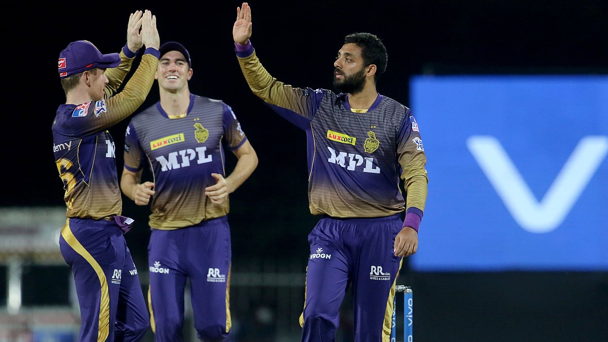 Kolkata Knight Riders players celebrates the wicket of Quinton de Kock of Mumbai Indians during match 5 of the Vivo Indian Premier League 2021 between the Kolkata Knight Riders and the Mumbai Indians held at the M. A. Chidambaram Stadium, Chennai on the 13th April 2021.