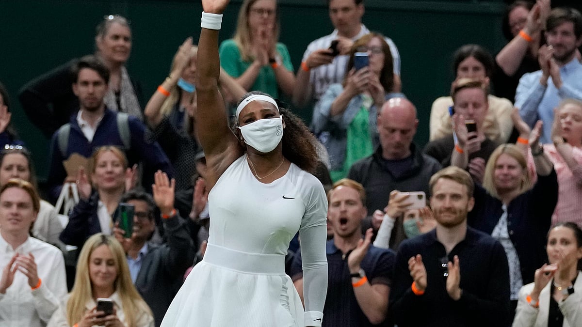 <div class="paragraphs"><p>Serena Williams of the US waves as she leaves the court after retiring from the women's singles first round match against Aliaksandra Sasnovich of Belarus on day two of the Wimbledon Tennis Championships in London, Tuesday June 29, 2021.</p></div>
