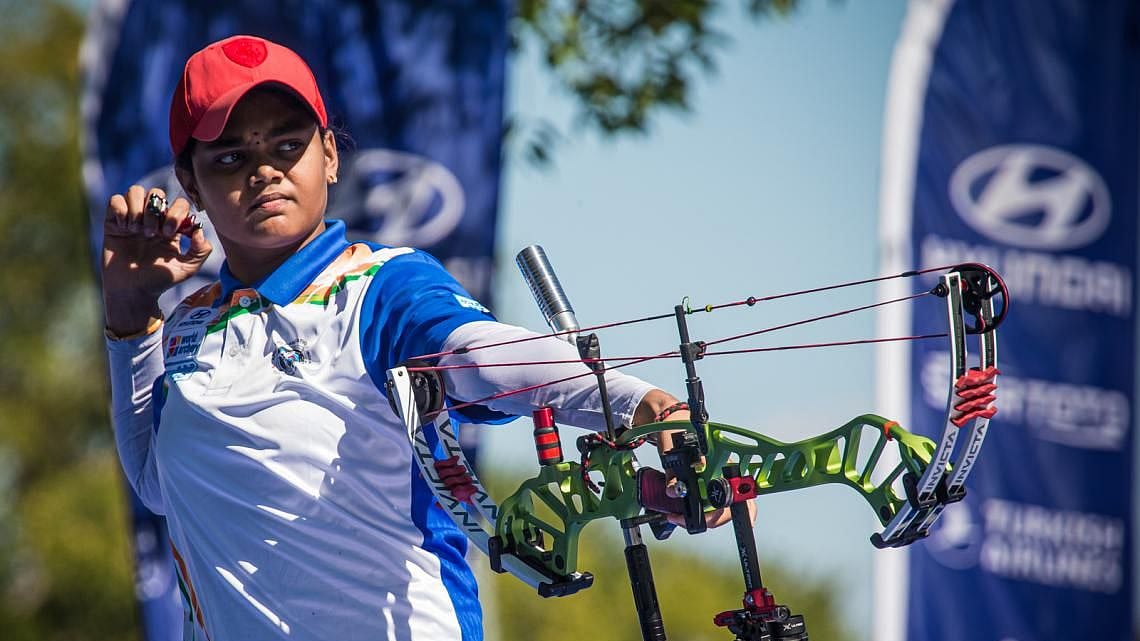 <div class="paragraphs"><p>Indian archer Jyothi Surekha Vennam in action at the 2021 World Archery Championships.</p></div>