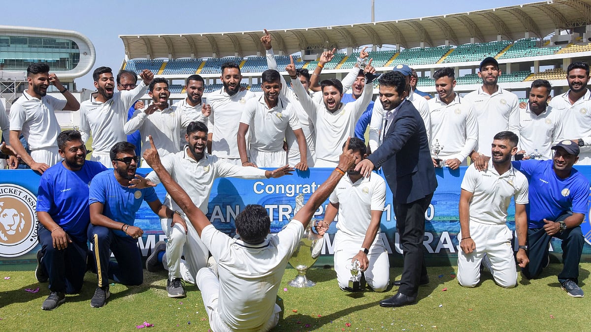 <div class="paragraphs"><p>Saurashtra players celebrate after winning the Ranji Trophy final against Bengal in Rajkot, Friday, March 13, 2020. </p></div>