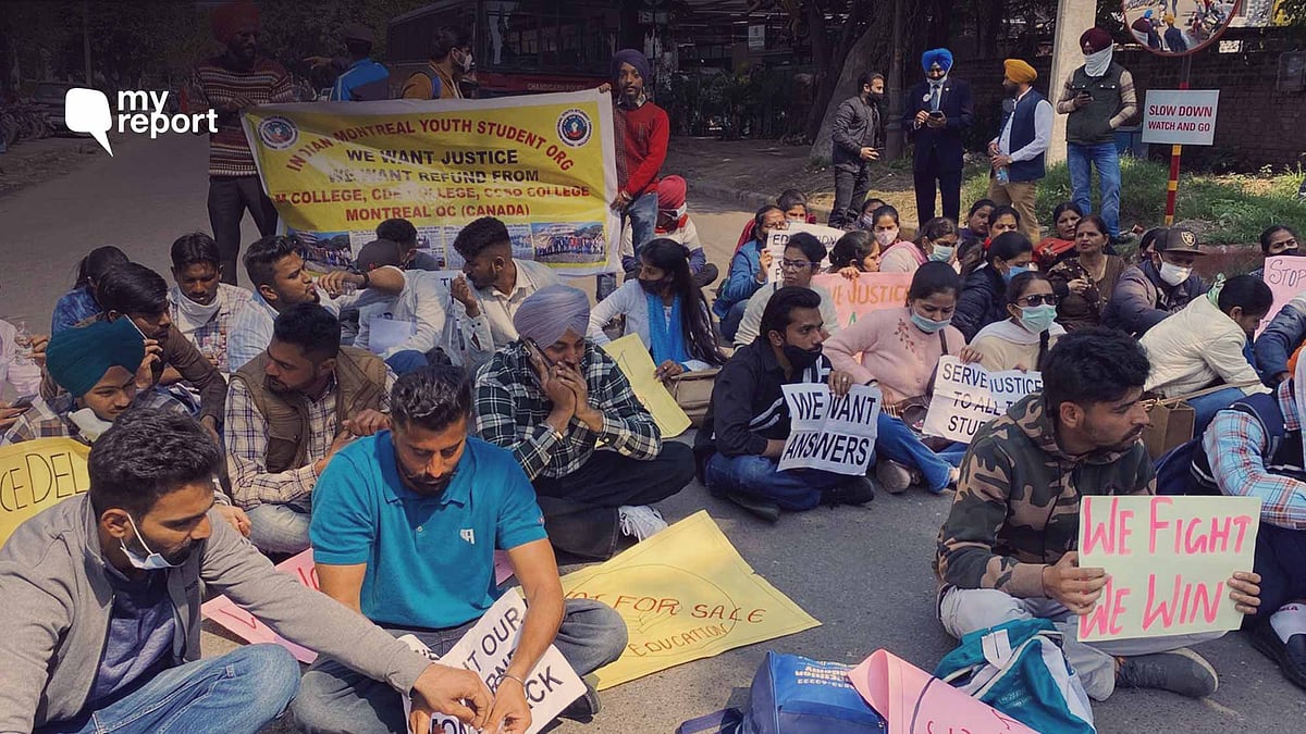 <div class="paragraphs"><p>On 4 March, students who took admissions in the colleges of Canada, that shut in January, protested in Chandigarh.</p></div>