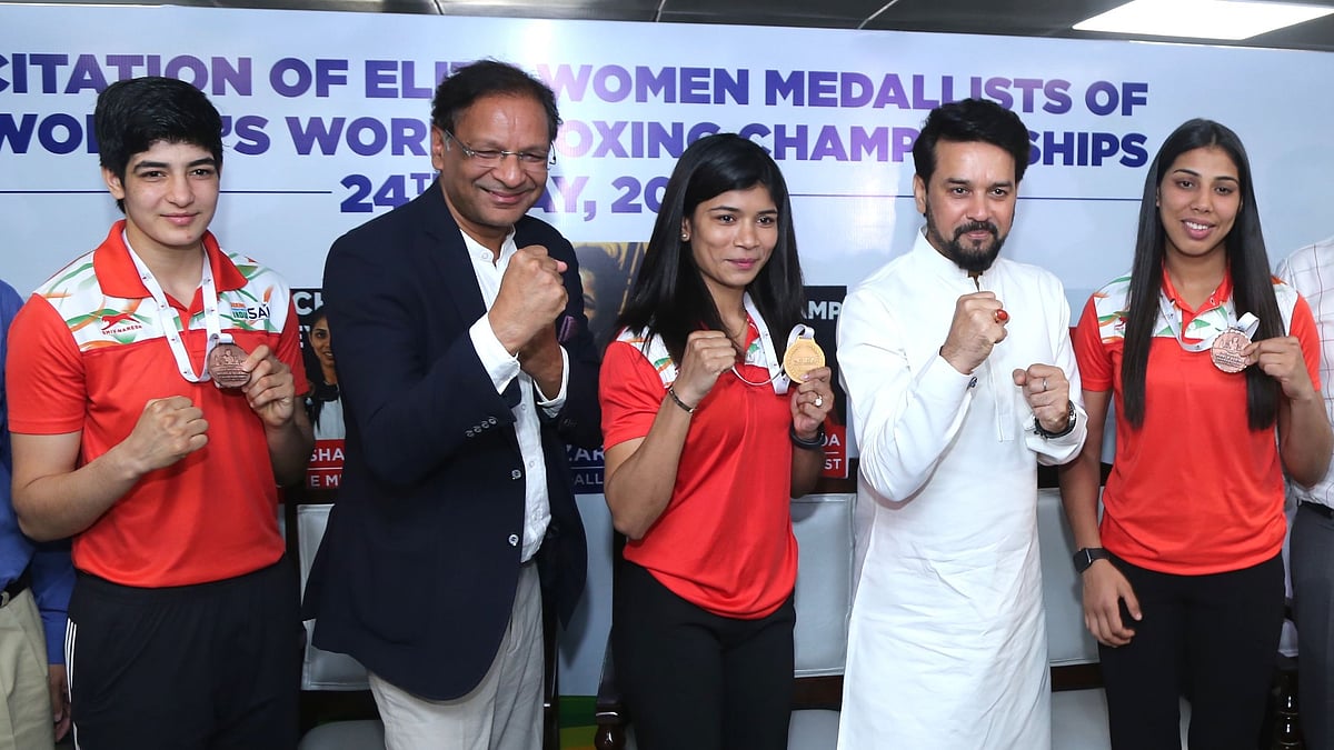 <div class="paragraphs"><p>Nikhat, Parveen and Manisha were felicitated for their medals at the 2022 Boxing World Championships.&nbsp;</p></div>