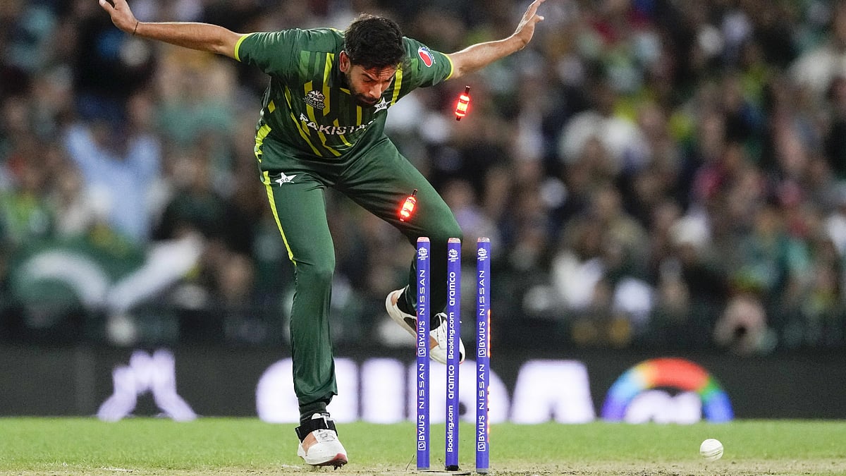 <div class="paragraphs"><p>Pakistan's Haris Rauf reacts as the bails fly as New Zealand's Devon Conway is run out during the T20 World Cup semi-final.</p></div>