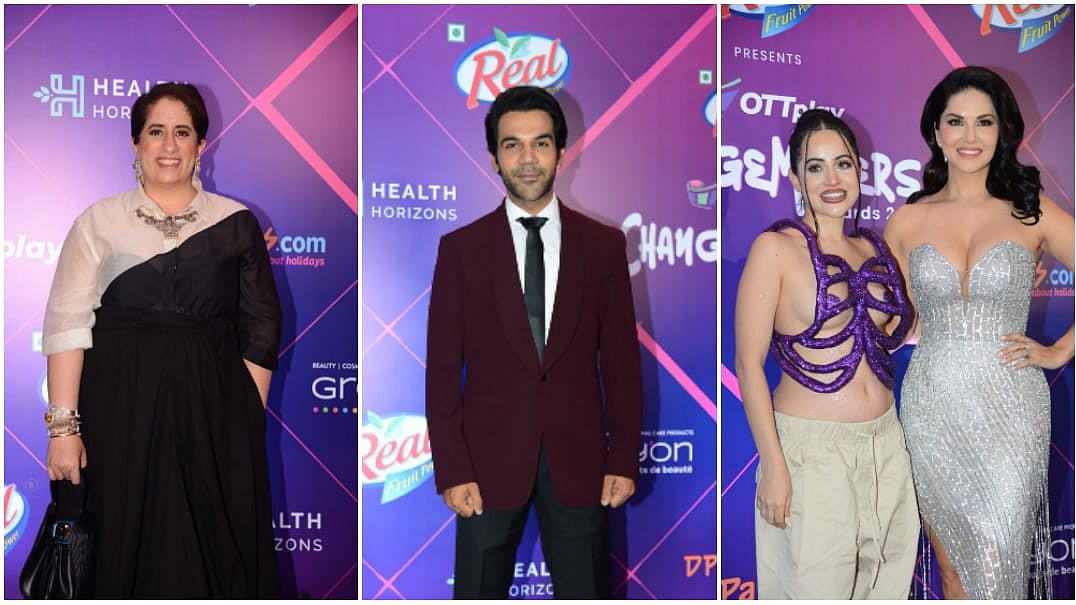 <div class="paragraphs"><p>Guneet Monga, Rajkummar Rao, Urfi Javed, and Sunny Leone at an awards show.</p></div>