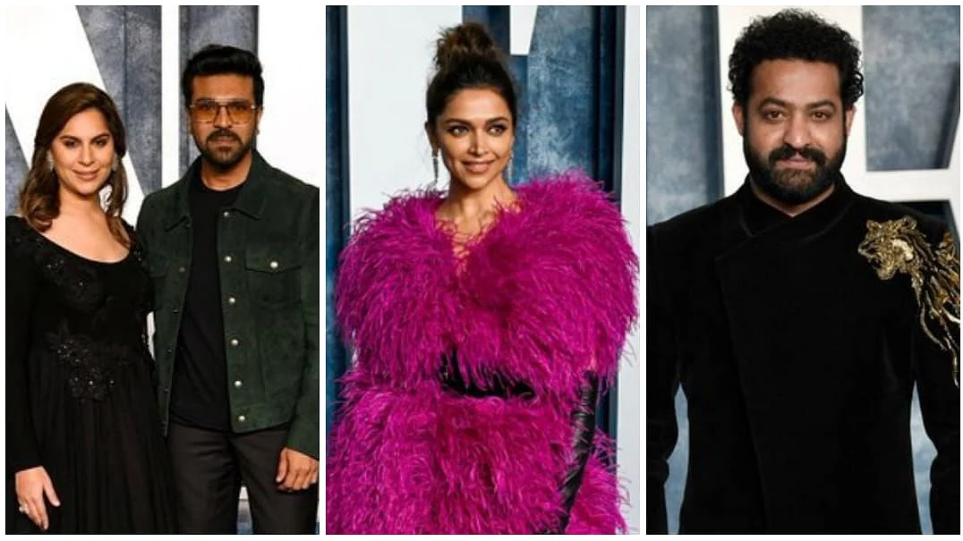 <div class="paragraphs"><p>Ram Charan, Deepika Padukone, Jr NTR at the Oscars after party.</p></div>