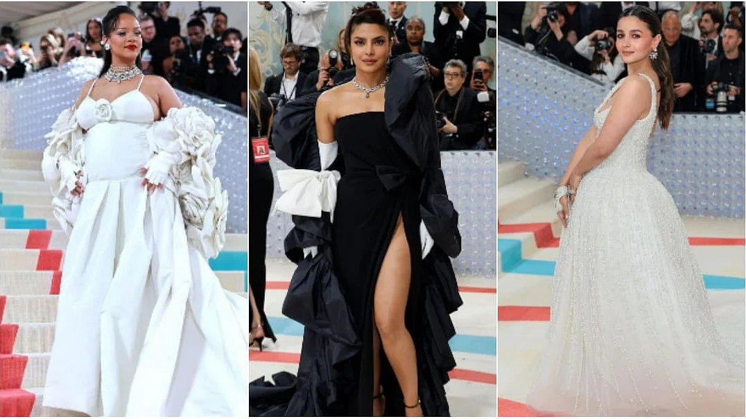 <div class="paragraphs"><p>(L to R) Rihanna, Priyanka Chopra and Alia Bhatt at the Met Gala 2023 red carpet.</p></div>