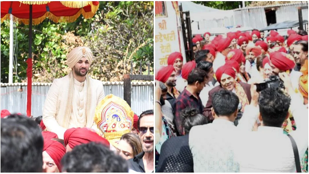 <div class="paragraphs"><p>Dharmedra grooves at his grandson Karan Deol's baraat.</p></div>