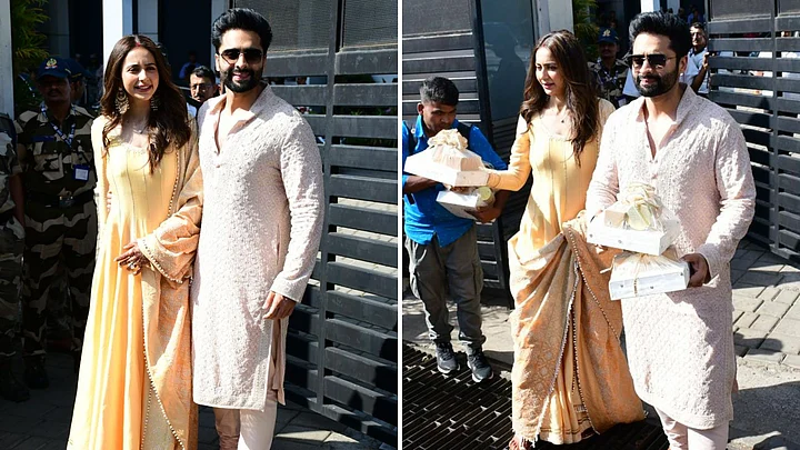 Pics: Rakul Preet Singh-Jackky Bhagnani Return to Mumbai After Wedding; Distribute Sweets Among Paps