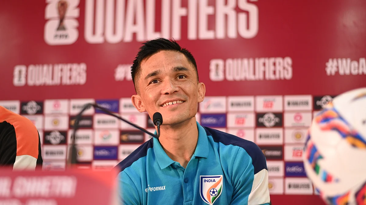 <div class="paragraphs"><p>Sunil Chhetri at the press conference ahead of the India vs Kuwait clash in Kolkata.&nbsp;</p></div>