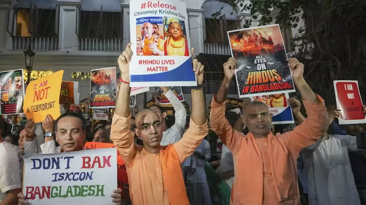 <div class="paragraphs"><p>A photo of ISKCON monks protesting against the arrest of Chinmoy Krishna Das. </p></div>
