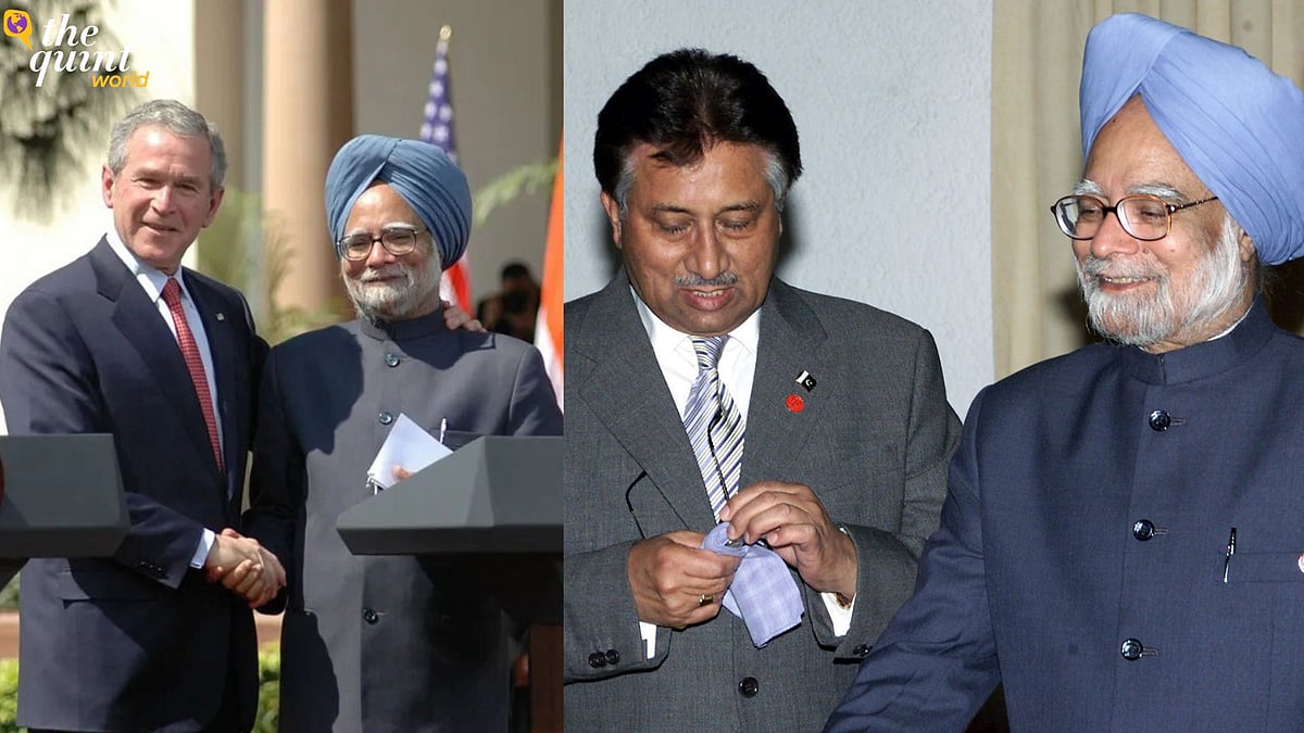<div class="paragraphs"><p>Manmohan Singh with the then US President George Bush (left) and with the then Pakistan President Pervez Musharraf (right).&nbsp;</p></div>