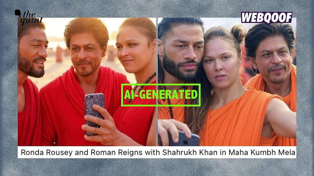 <div class="paragraphs"><p>A set of AI-generated images have gone viral with the false claim that it authentically shows American wrestlers Ronda Rousey and Roman Reigns with Shah Rukh Khan at the 2025 Maha Kumbh Mela.</p></div>