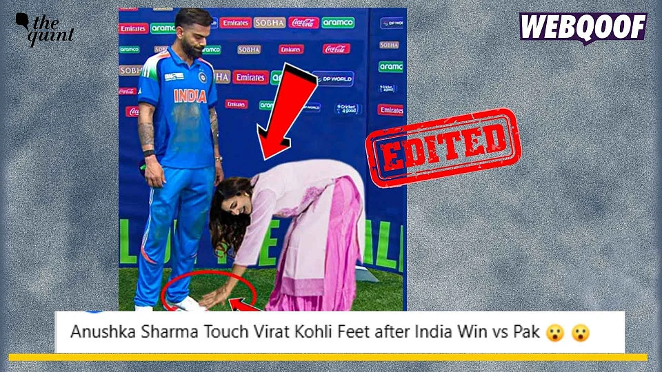<div class="paragraphs"><p>An edited image of Anushka Sharma touching Virat Kohli's feet is going viral to claim that it was clicked after India VS Pakistan match at ICC Champions Trophy.</p></div>